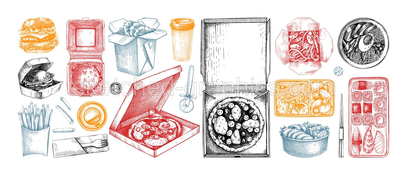 Fast food sketches set. Hand-drawn vector illustration of burger, pizza, poke, sushi, noodles. Cardboard boxes, bags for takeaway food, paper, plastic containers for food delivery.  Illustration